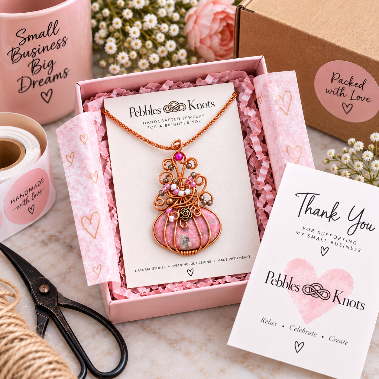 Pebbles and Knots jewelry packaged in a pink gift box with crinkle paper, a branded thank you card, and a copper wire-wrapped pendant on a display card