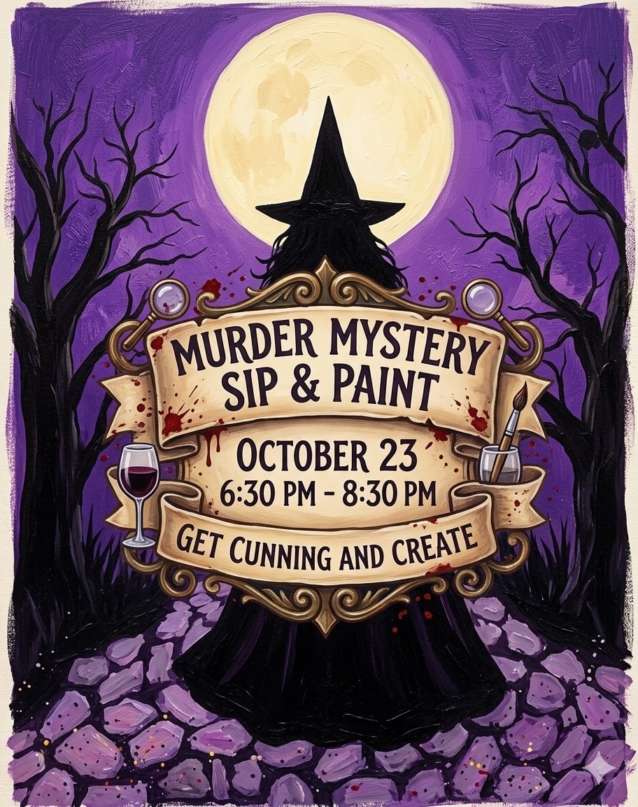 SIP, PAINT & MURDER MYSTERY
October 23 6:30-8:30
Rising Sun Vineyard